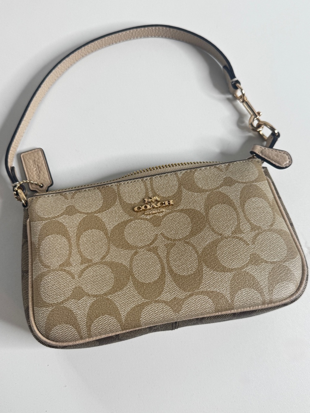 Coach Tan Signature Canvas Mini Wristlet with Gold Hardware